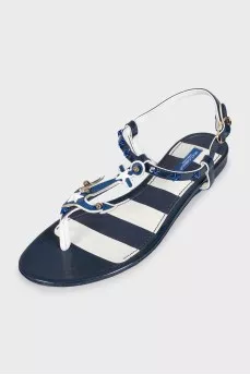 Blue and white striped leather sandals