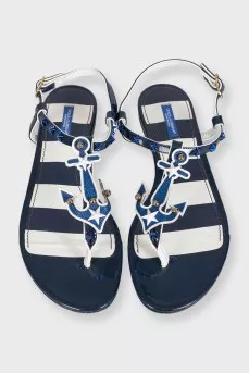 Blue and white striped leather sandals