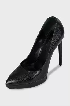 Black textured leather heels