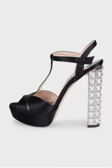 Black satin sandals with crystal heels