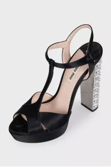 Black satin sandals with crystal heels