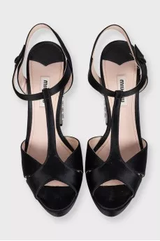 Black satin sandals with crystal heels
