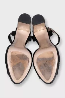 Black satin sandals with crystal heels