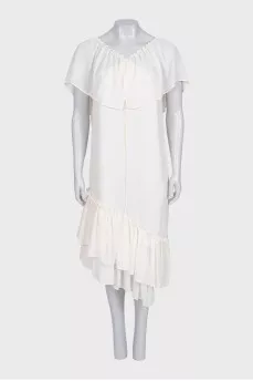 Asymmetrical white copper dress with ruffles