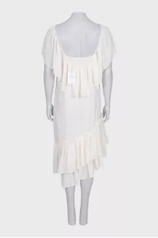 Asymmetrical white copper dress with ruffles