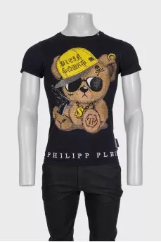 Men's T-shirt with a logo decorated with rhinestones