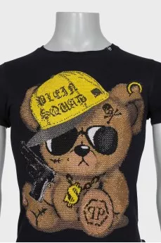 Men's T-shirt with a logo decorated with rhinestones