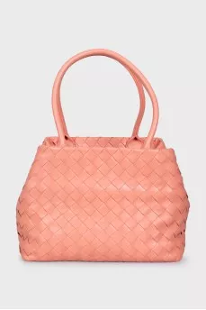 Woven leather bag with drawstrings