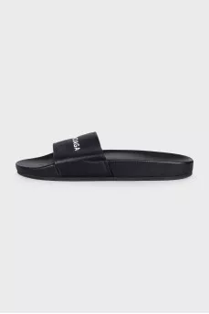 Black leather flip-flops with white logo