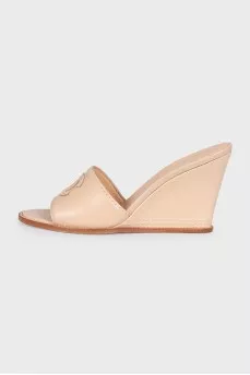 Beige leather logo wedge mules