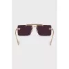 Sunglasses with a gold frame and a rectangular lens