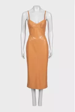 Brown leather dress with straps and a corset bodice