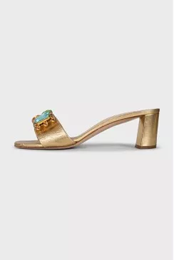 Leather mules decorated with multi-colored crystals