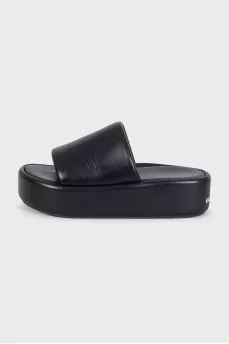 Black leather platform slides