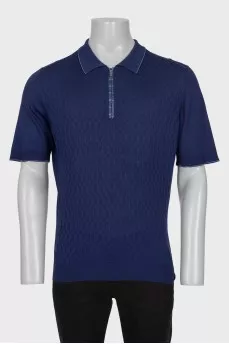 Men's blue polo shirt with leather insert and buckle