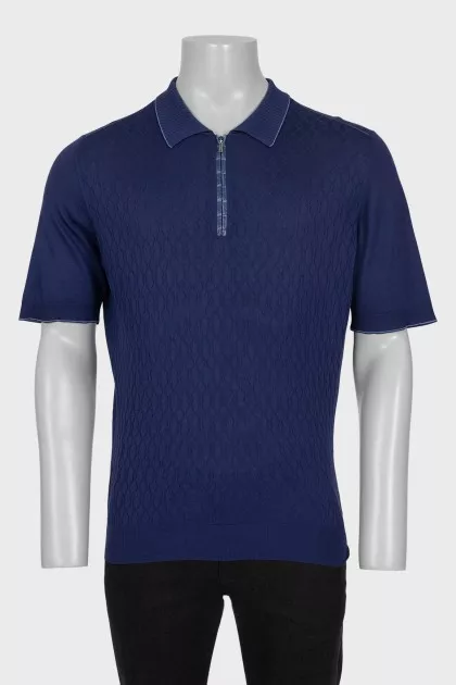 Men's blue polo shirt with leather insert and buckle