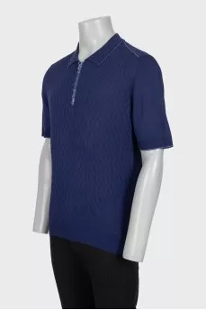 Men's blue polo shirt with leather insert and buckle