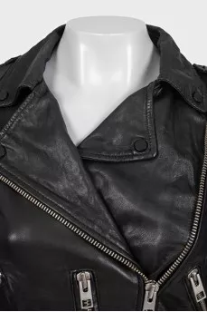 Black leather biker jacket with a strap