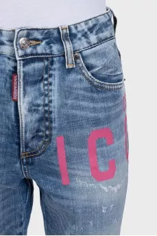 Рвані блакитні джинси straight fit із принтом