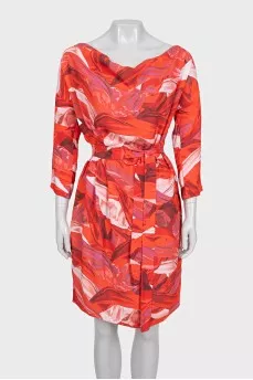 Red printed dress with a belt