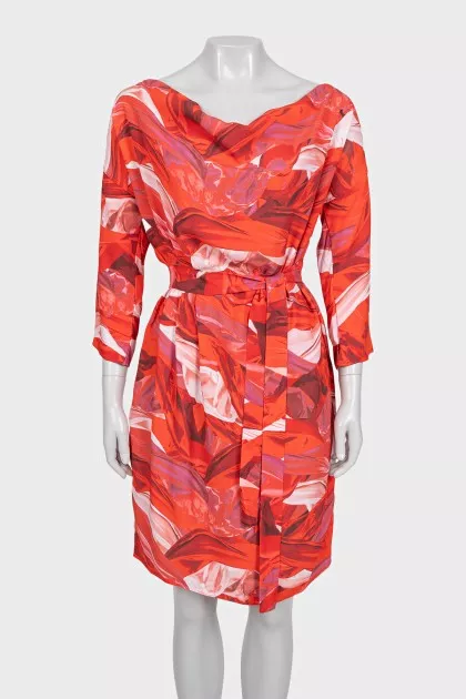 Red printed dress with a belt