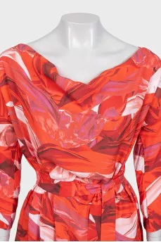 Red printed dress with a belt