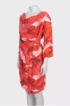 Red printed dress with a belt