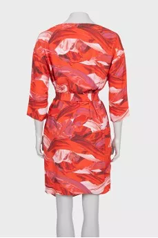 Red printed dress with a belt