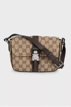 Чоловіча текстильна сумка коричневого кольору у фірмовий принт