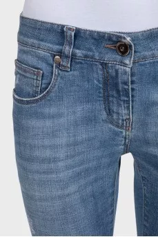 Голубые джинсы slim fit на низкой посадке с потёртостями