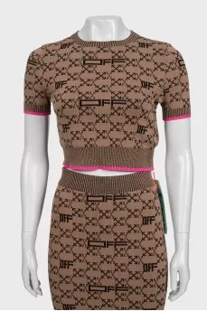 Brown skirt suit with branded print and tag