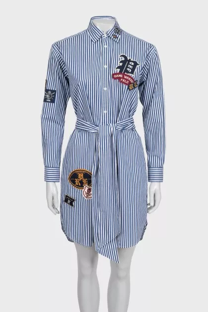 Striped shirt dress decorated with patches