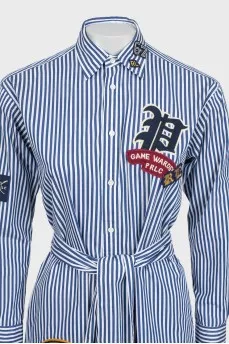 Striped shirt dress decorated with patches