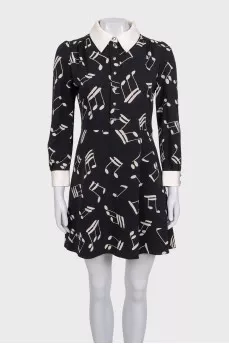 Black printed silk dress with collar