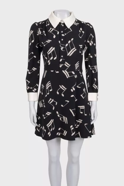 Black printed silk dress with collar