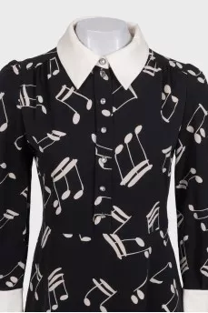 Black printed silk dress with collar