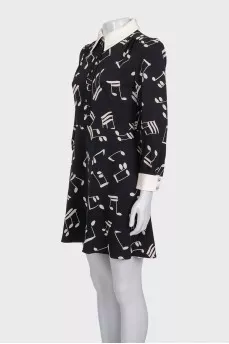 Black printed silk dress with collar