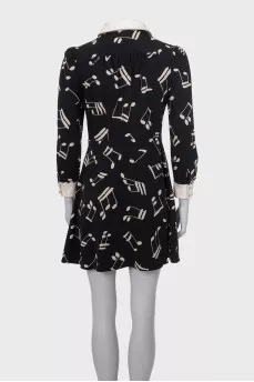 Black printed silk dress with collar