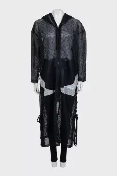 Long blue mesh cardigan with a hood