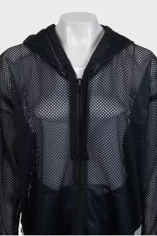 Long blue mesh cardigan with a hood