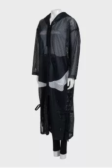 Long blue mesh cardigan with a hood