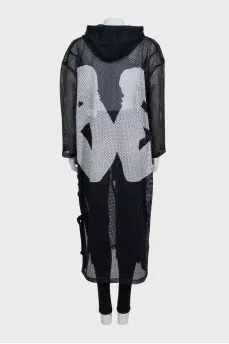 Long blue mesh cardigan with a hood