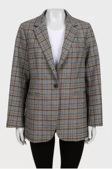 Gray straight-cut blazer with a checkered print