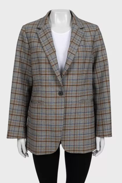 Gray straight-cut blazer with a checkered print