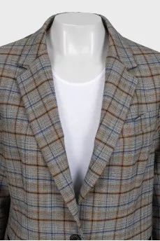 Gray straight-cut blazer with a checkered print