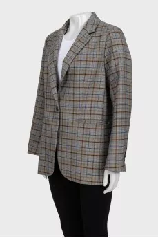 Gray straight-cut blazer with a checkered print