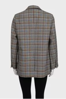 Gray straight-cut blazer with a checkered print