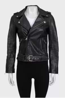 Black leather jacket with a belt at the waist