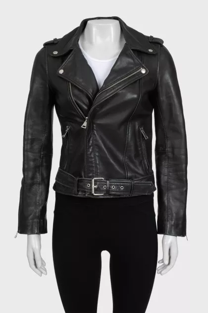 Black leather jacket with a belt at the waist