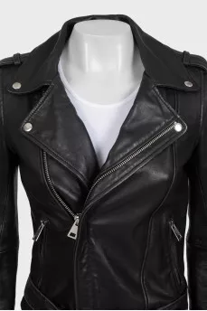 Black leather jacket with a belt at the waist